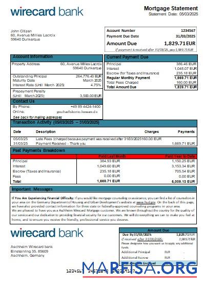 Printable Germany Aschheim Wirecard bank mortgage statement scr download for verification